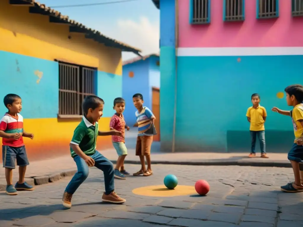 Niños disfrutando de juegos callejeros en América Latina, inmersos en la alegría y la comunidad