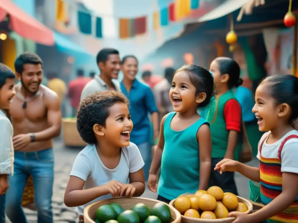 Niños disfrutan de juegos callejeros en mercado latinoamericano, reflejando la esencia y origen juegos callejeros Latinoamérica