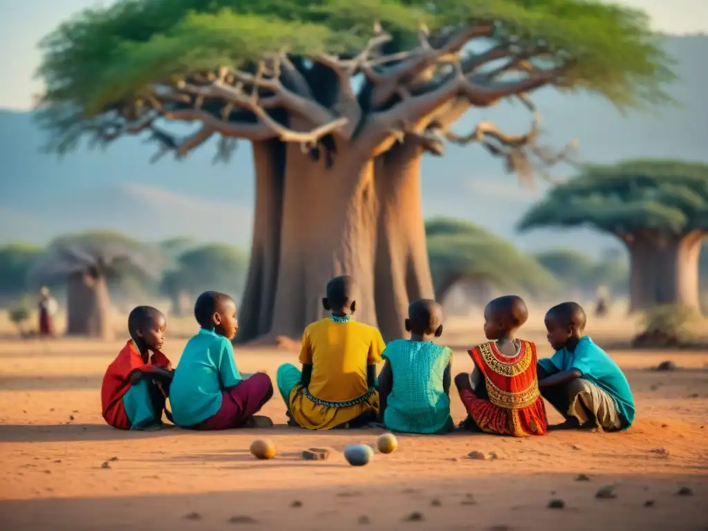 Niños juegan bajo baobab en África, resaltando juegos deportes tradicionales africanos futuro