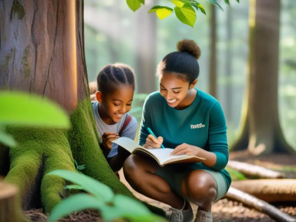 Niños disfrutan de juegos educativos al aire libre en el bosque, explorando la naturaleza con asombro