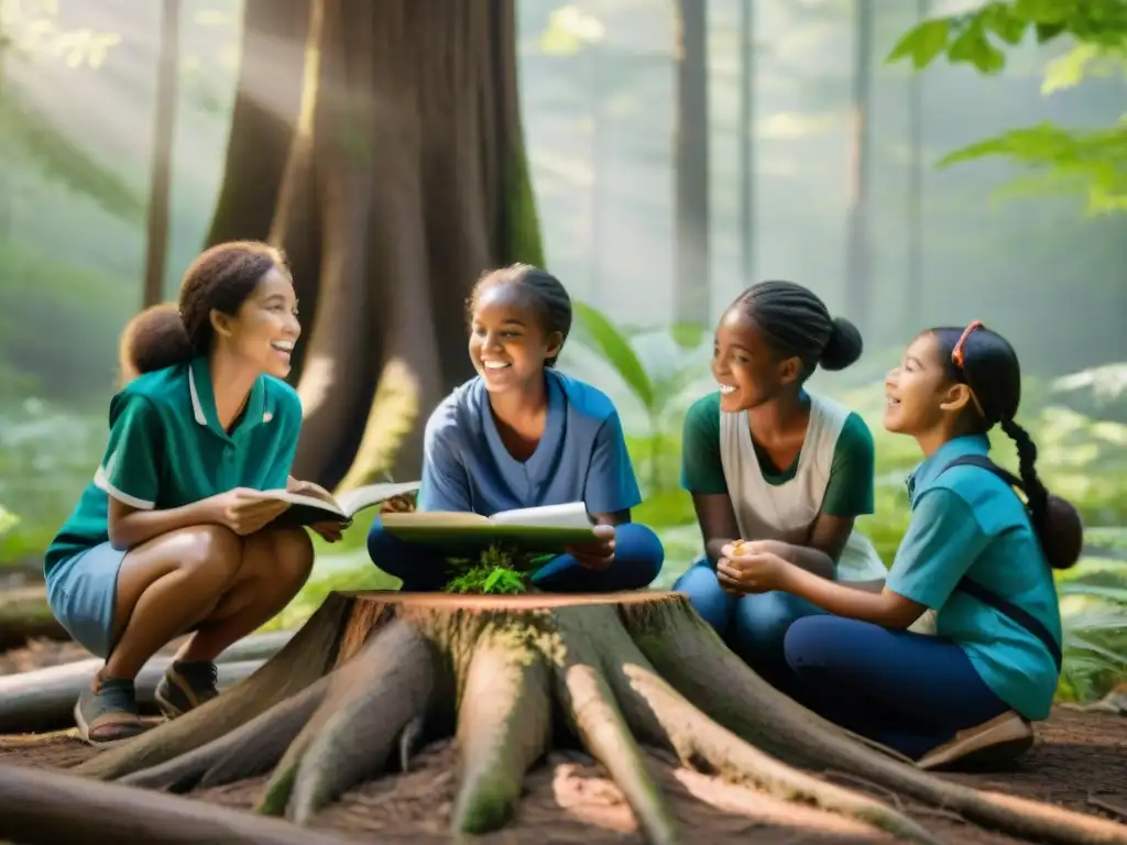 Niños disfrutan juegos educativos al aire libre en el bosque: matemáticas, ciencias y naturaleza