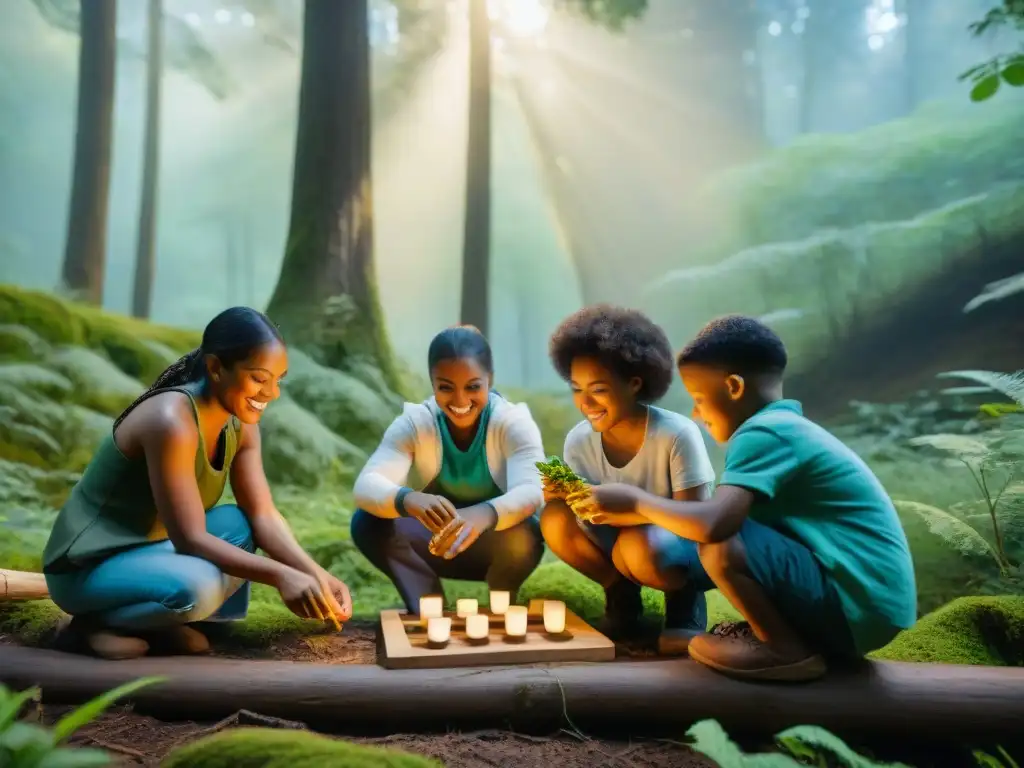 Niños jugando juegos educativos al aire libre en un claro del bosque, aprendiendo y explorando juntos bajo el sol