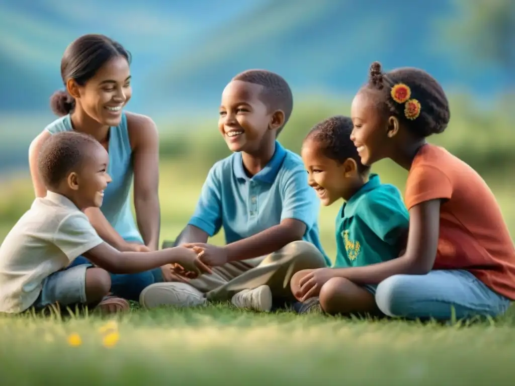 Niños disfrutan de juegos educativos que enseñan empatía, cooperación y amistad en un campo soleado