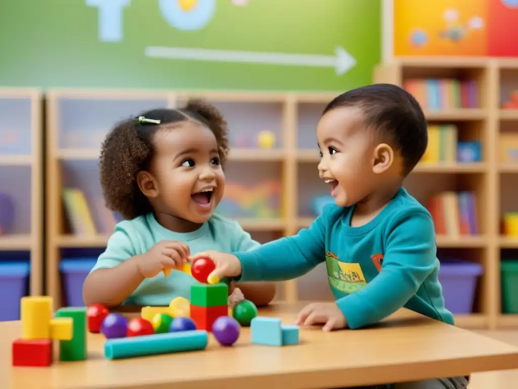 Niños disfrutan de juegos educativos en aula vibrante