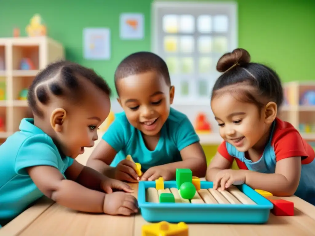 Niños disfrutando juegos educativos para desarrollo cognitivo temprano en aula colorida y estimulante