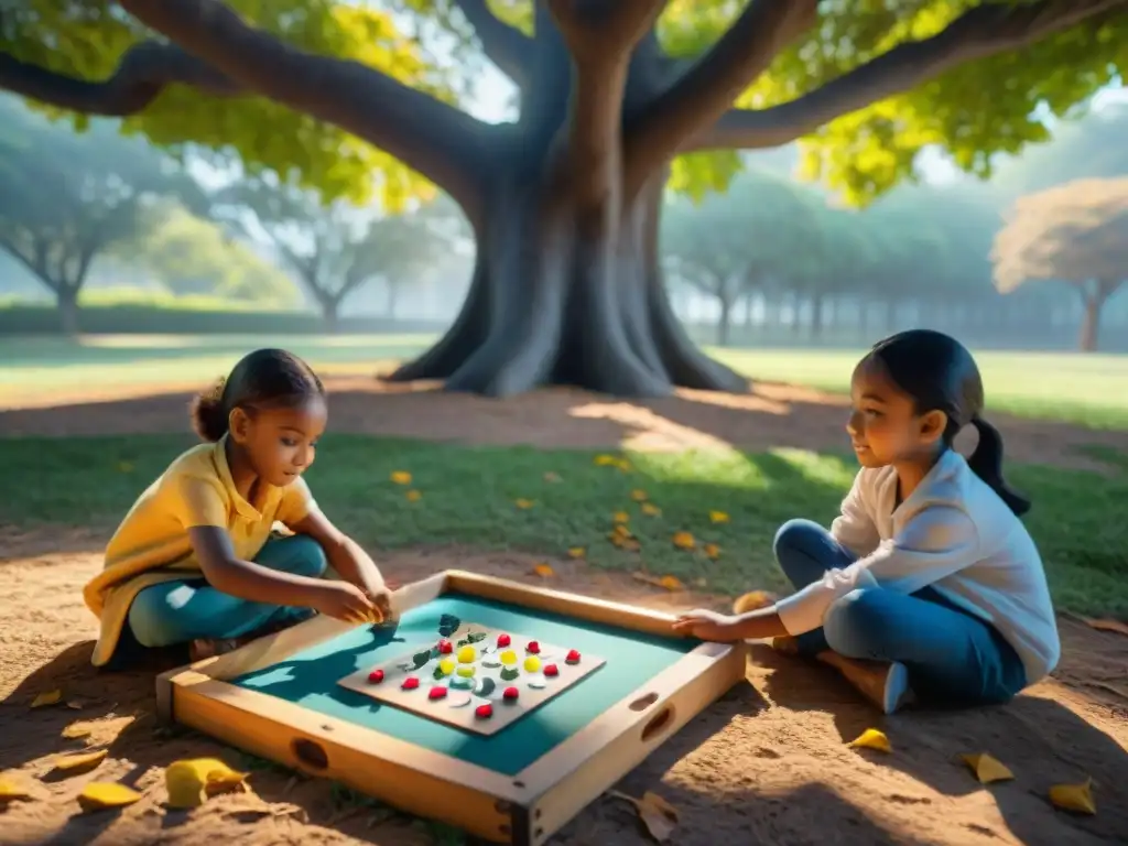 Niños disfrutan de juegos educativos tradicionales matemáticas bajo un árbol, concentrados y emocionados