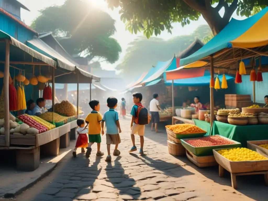 Niños disfrutando de juegos infantiles del Sudeste Asiático en un mercado local vibrante y colorido