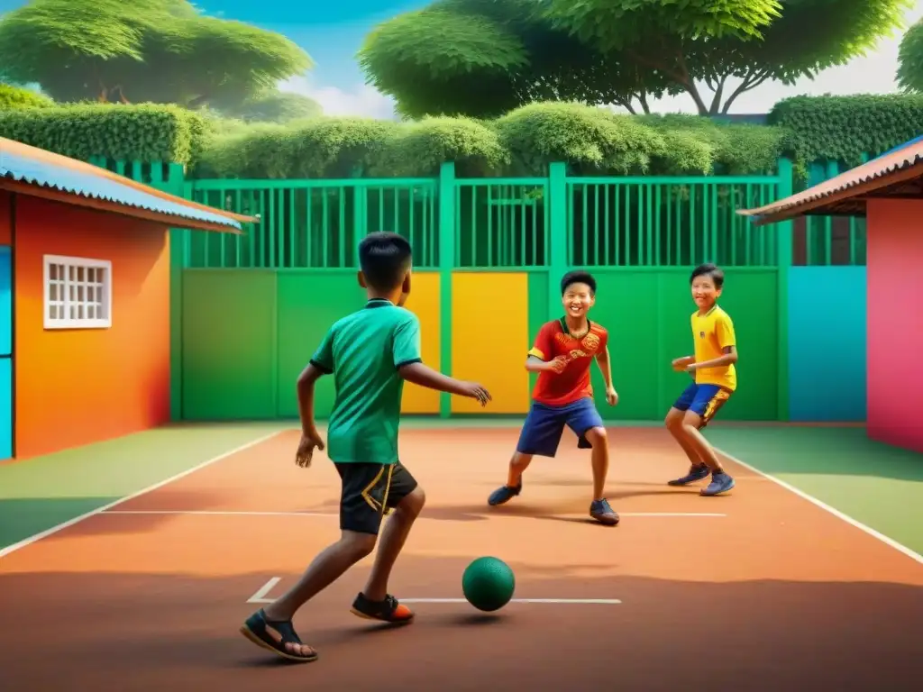 Niños disfrutando de juegos infantiles del Sudeste Asiático en un vibrante parque comunitario