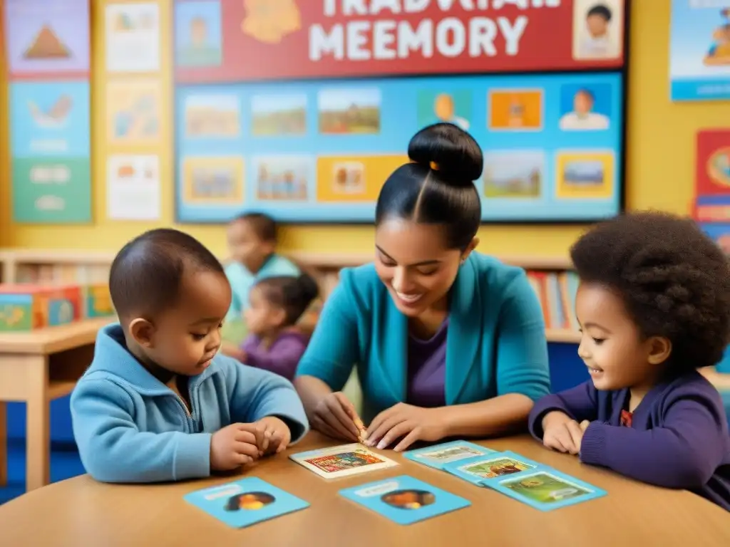 Niños diversos juegan juegos de memoria en un aula multicultural, rodeados de juguetes educativos y libros coloridos