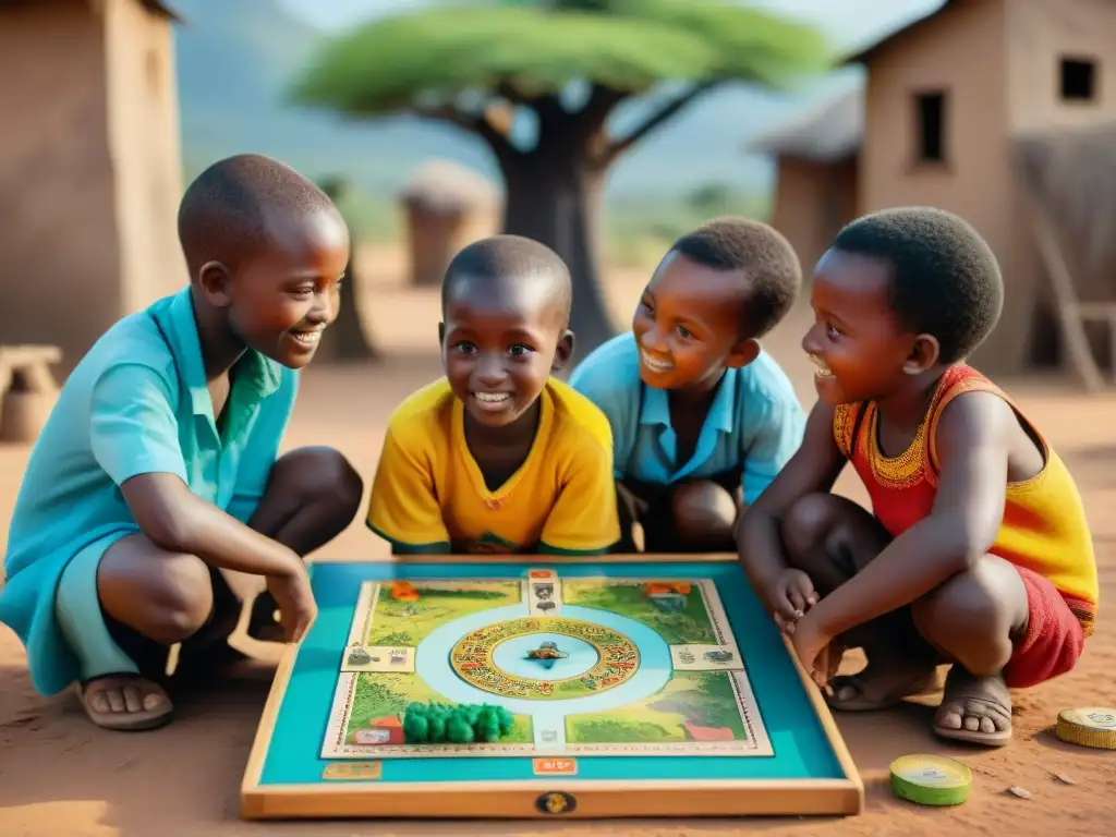 Niños disfrutando de juegos en la mitología africana bajo un baobab, entretenidos y felices