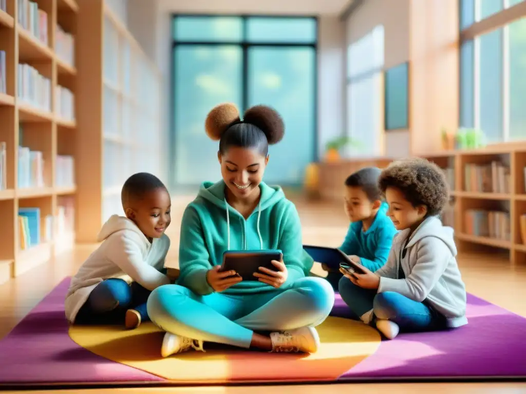 Niños disfrutan de juegos de móviles educativos en aula colorida y acogedora