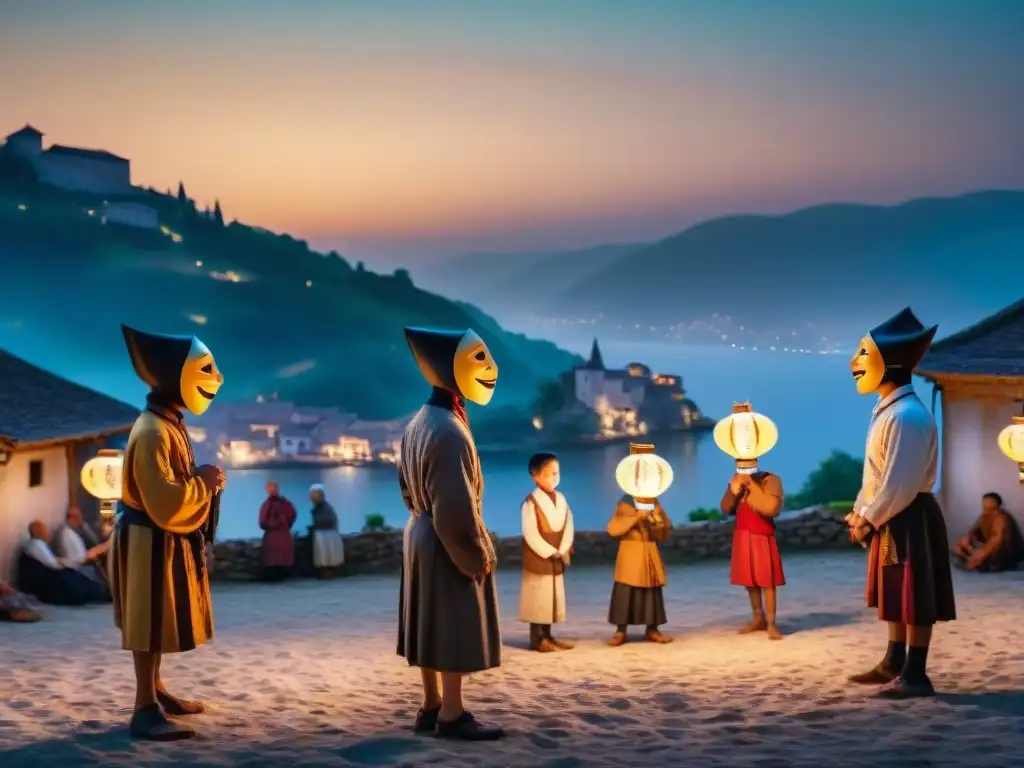 Juegos nocturnos tradicionales: niños bajo la luna Niños disfrutando de Juegos Nocturnos tradicionales bajo la luna en un pueblo europeo pintoresco