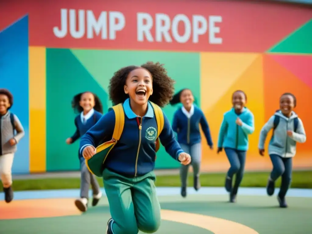 Niños disfrutan de juegos populares en comunidades escolares, saltando la cuerda y jugando en un animado patio escolar