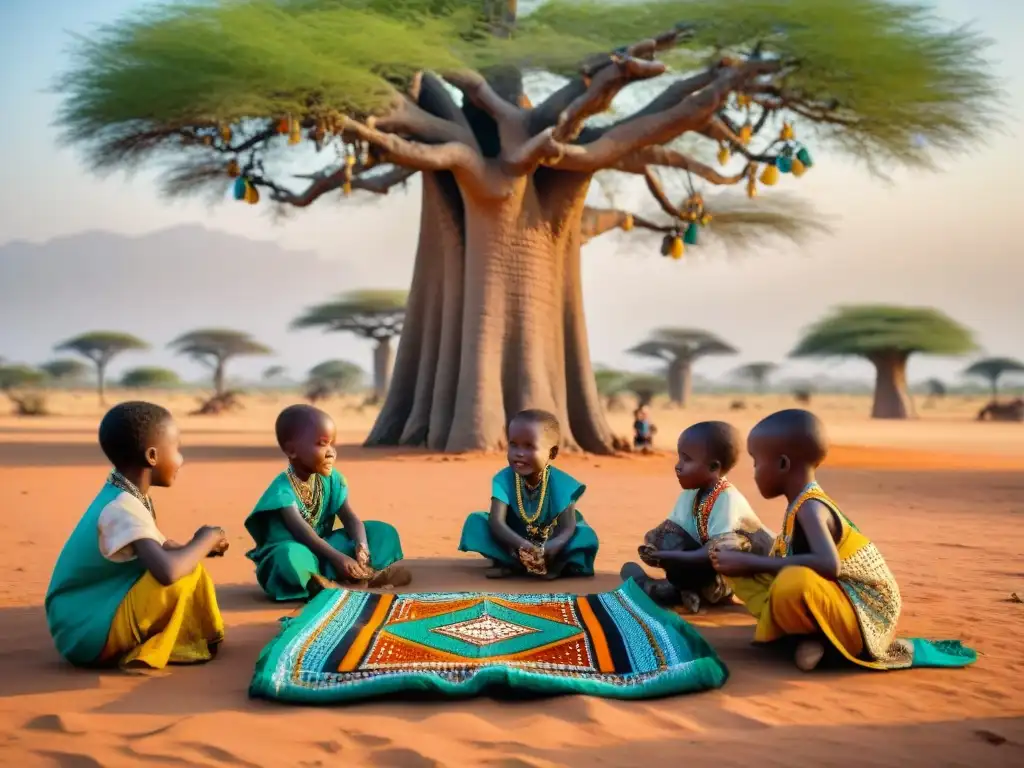 Niños juegan bajo baobab en África, con juegos tradicionales africanos resolución conflictos