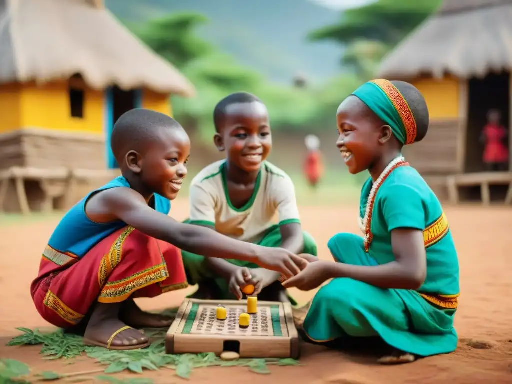 Niños disfrutando de juegos tradicionales africanos, con alegría y concentración, en un vibrante pueblo