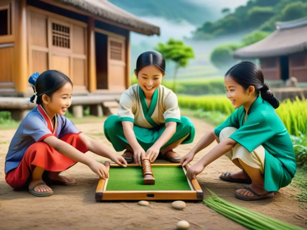 Niños disfrutan de juegos tradicionales en una aldea asiática, rodeados de naturaleza