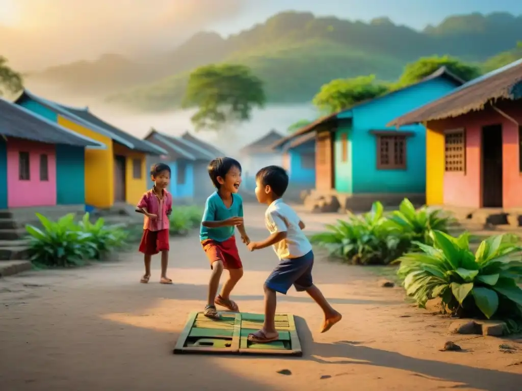 Niños jugando juegos tradicionales en una animada aldea del Sudeste Asiático al atardecer