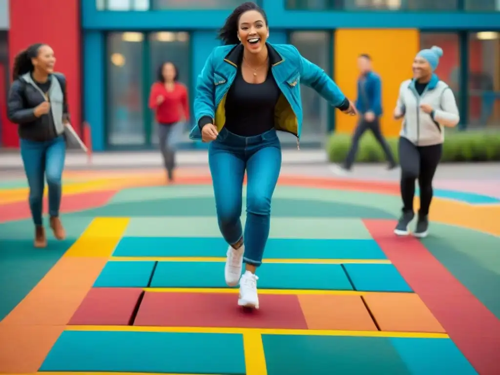 Niños disfrutan de juegos tradicionales para mejorar aprendizaje en colorido patio escolar con murales educativos