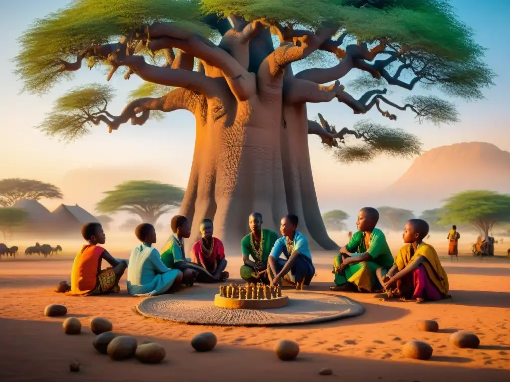 Niños disfrutan de juegos tradicionales bajo un baobab al atardecer