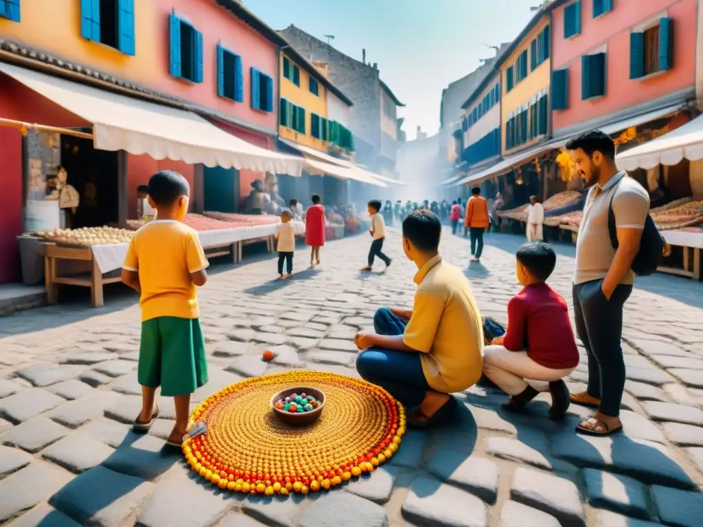 Juegos tradicionales en mercado multicultural Niños disfrutan de juegos tradicionales en bullicioso mercado: marbles, elástico, tag