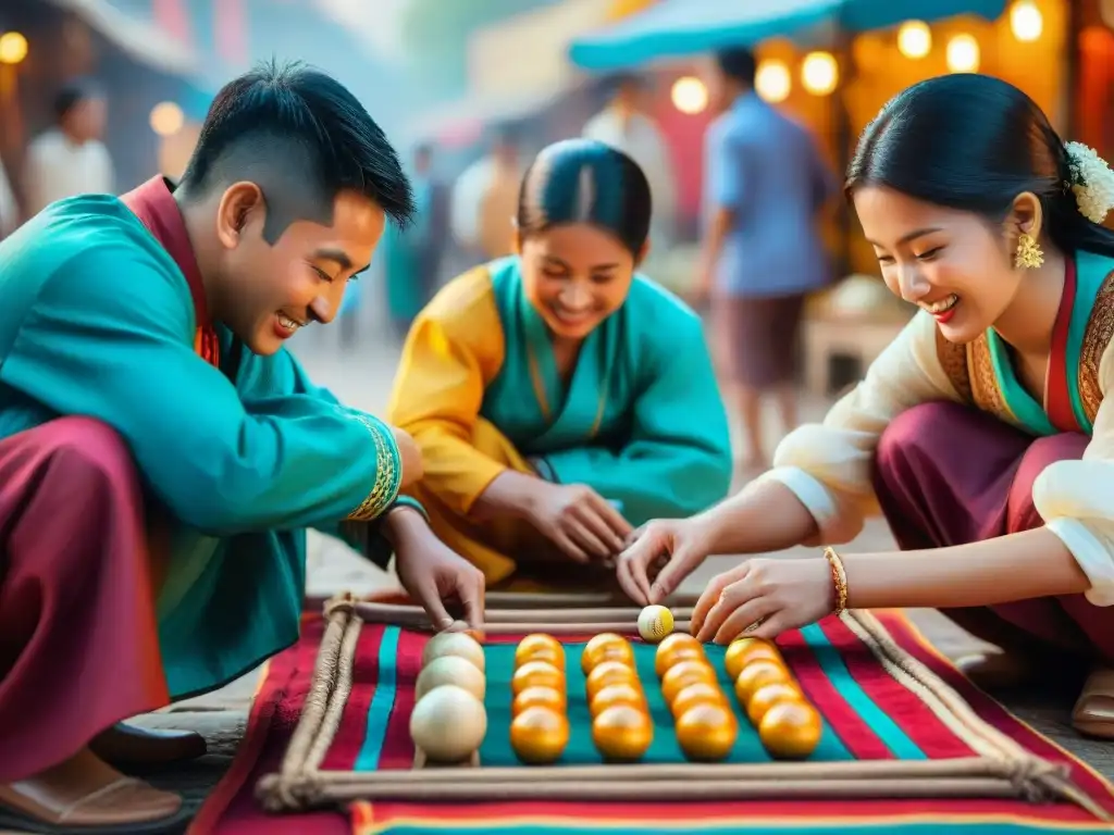 Niños disfrutando de juegos tradicionales en diferentes culturas en un mercado vibrante