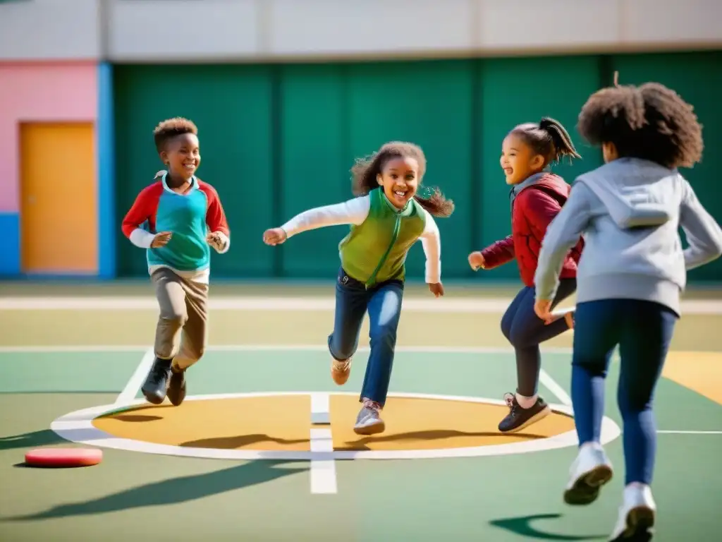 Niños disfrutan de juegos tradicionales en el currículo escolar bajo el sol vibrante del mediodía en el patio de la escuela