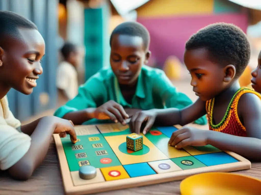 Niños en África juegan juegos tradicionales fabricados con materiales reciclados en mercado vibrante