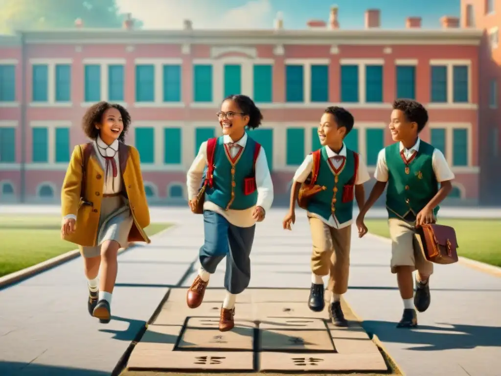 Niños jugando juegos tradicionales en la historia en un patio escolar rodeado de edificios históricos, con expresiones alegres