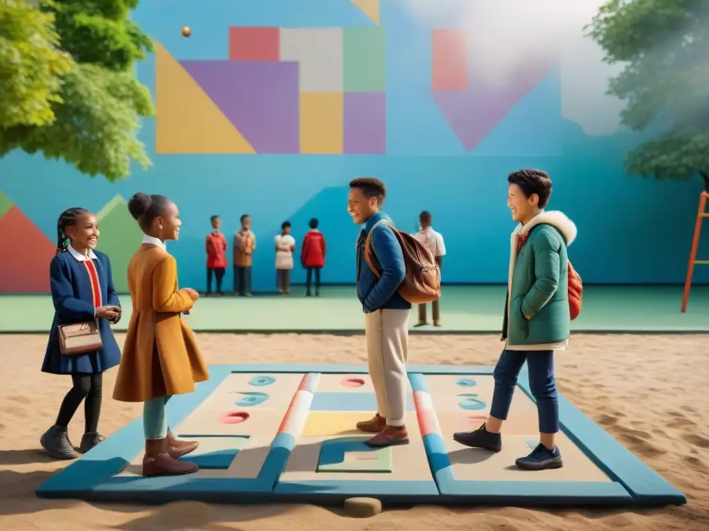 Niños jugando juegos tradicionales en la historia en el patio de la escuela, mezclando diversión y aprendizaje