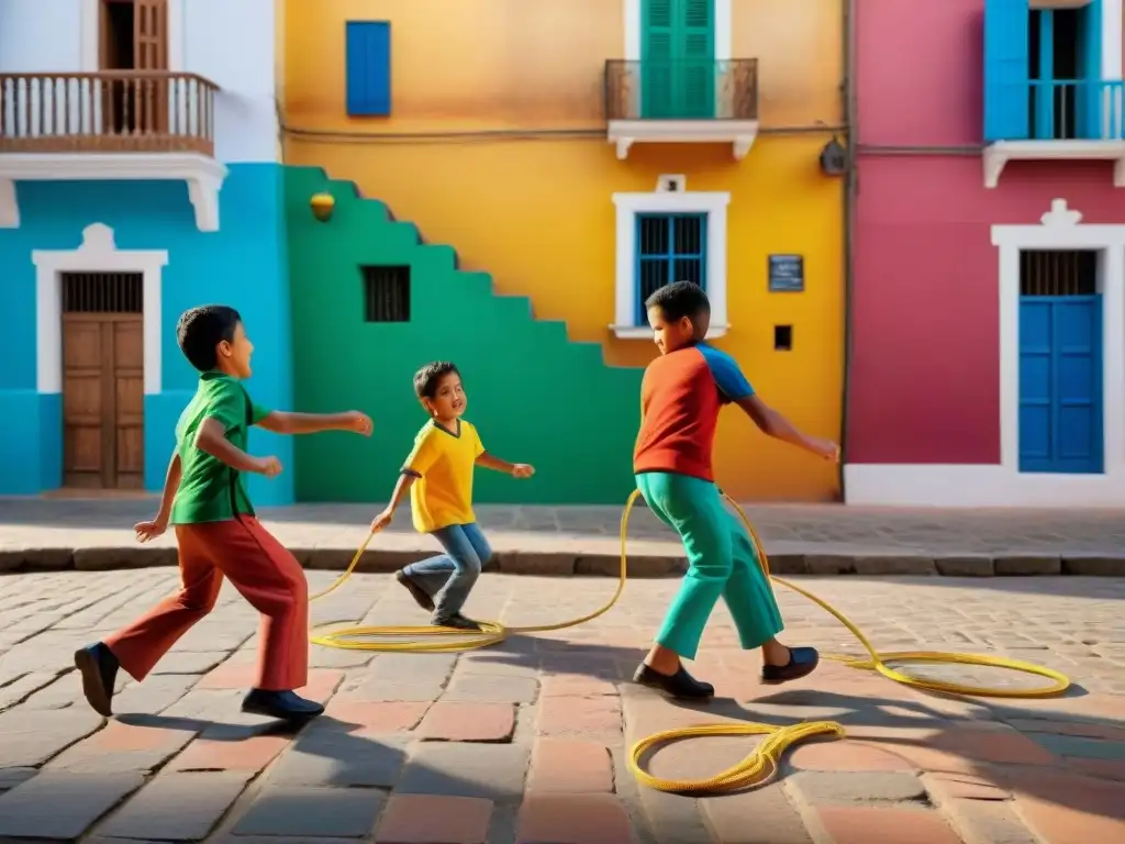 Niños disfrutan juegos tradicionales Latinoamérica en animada plaza colonial