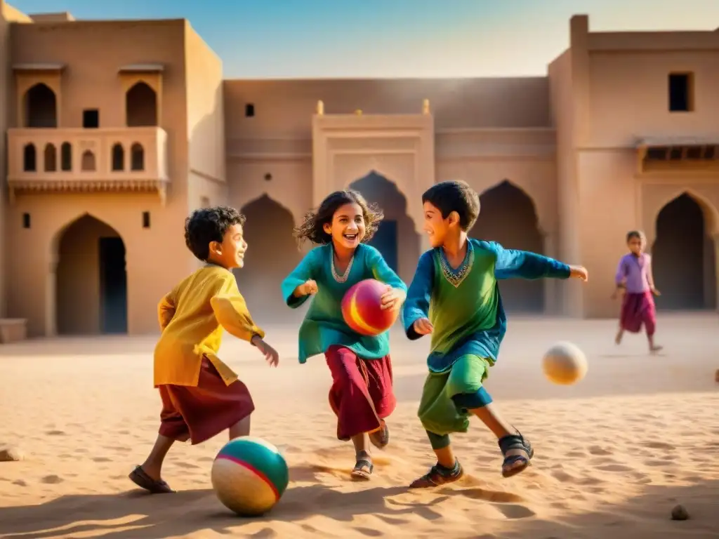 Niños jugando juegos tradicionales en Oriente Medio entre antiguas construcciones de piedra y un atardecer dorado en el desierto