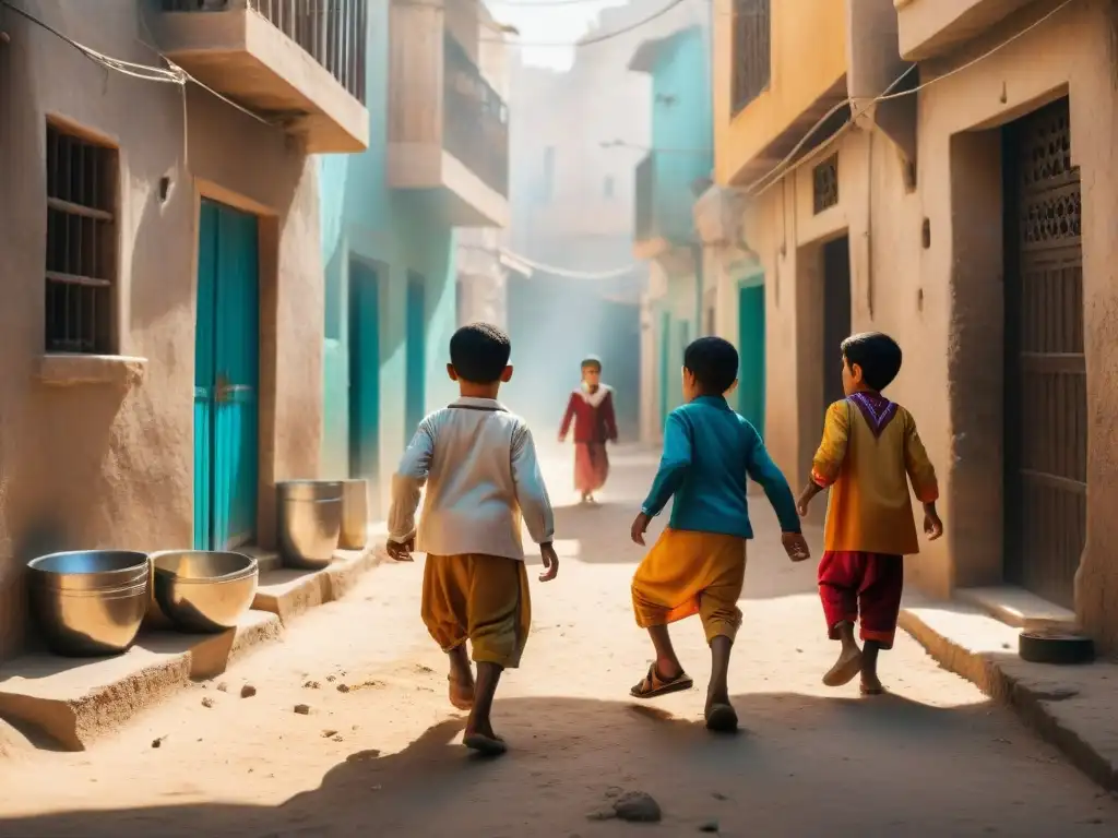 Niños jugando juegos tradicionales en Oriente Medio, mostrando alegría y resiliencia en un callejón polvoriento