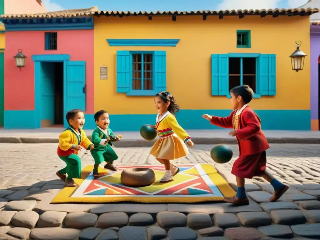 Niños disfrutando juegos tradicionales en plaza Latinoamérica