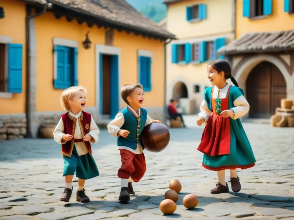 Niños riendo y jugando juegos tradicionales en una plaza europea pintoresca