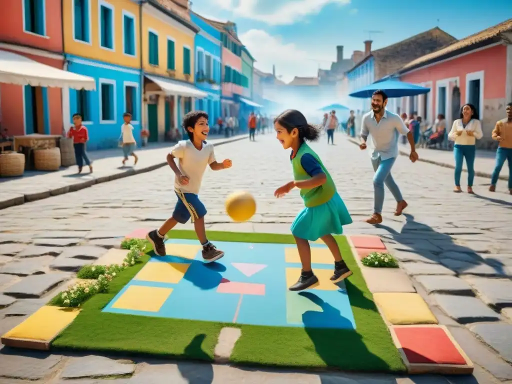 Niños disfrutan juegos tradicionales en plaza animada, fomentando habilidades cognitivas