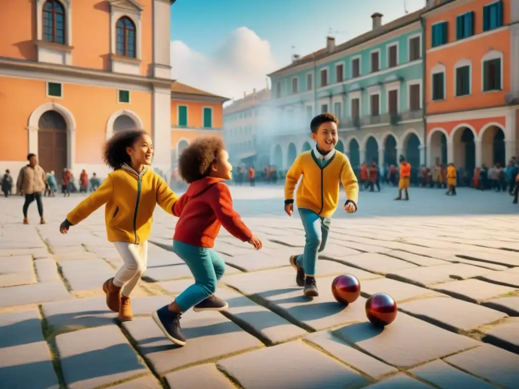 Niños jugando juegos tradicionales en plaza urbana