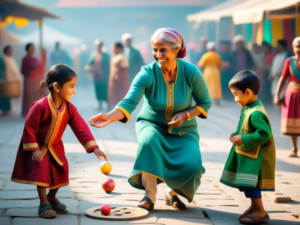 Niños disfrutan de juegos tradicionales en la sociedad en animada plaza de mercado, transmitiendo alegría y unión intergeneracional