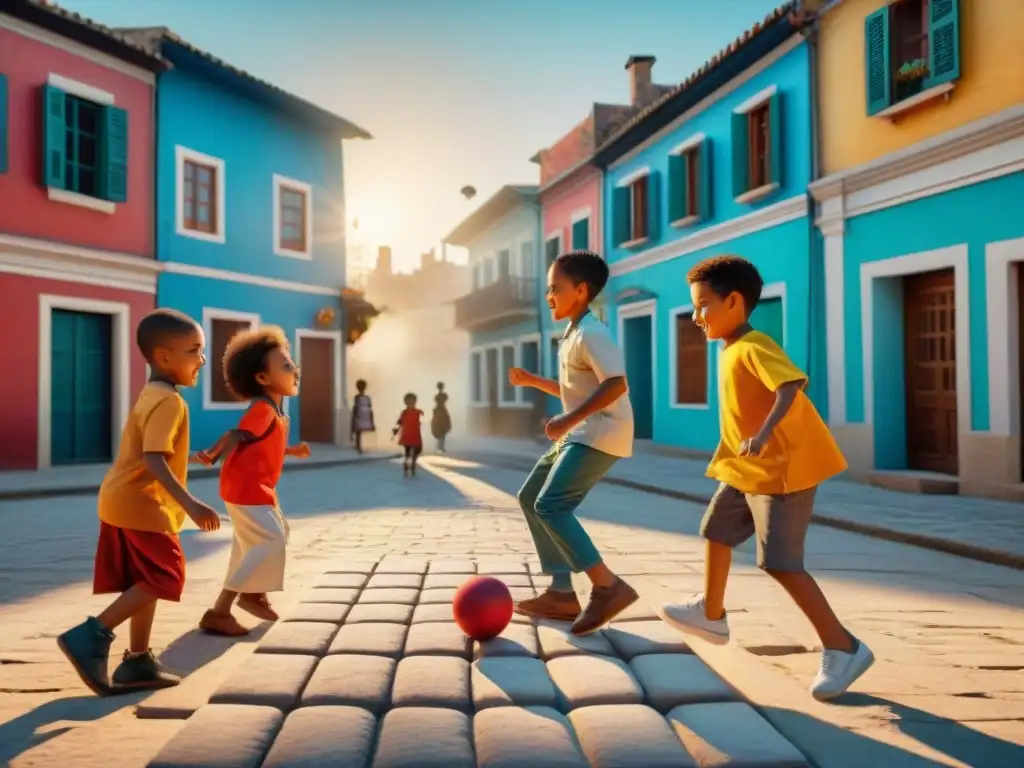 Niños disfrutan de juegos tradicionales en la sociedad en una plaza vibrante y colorida