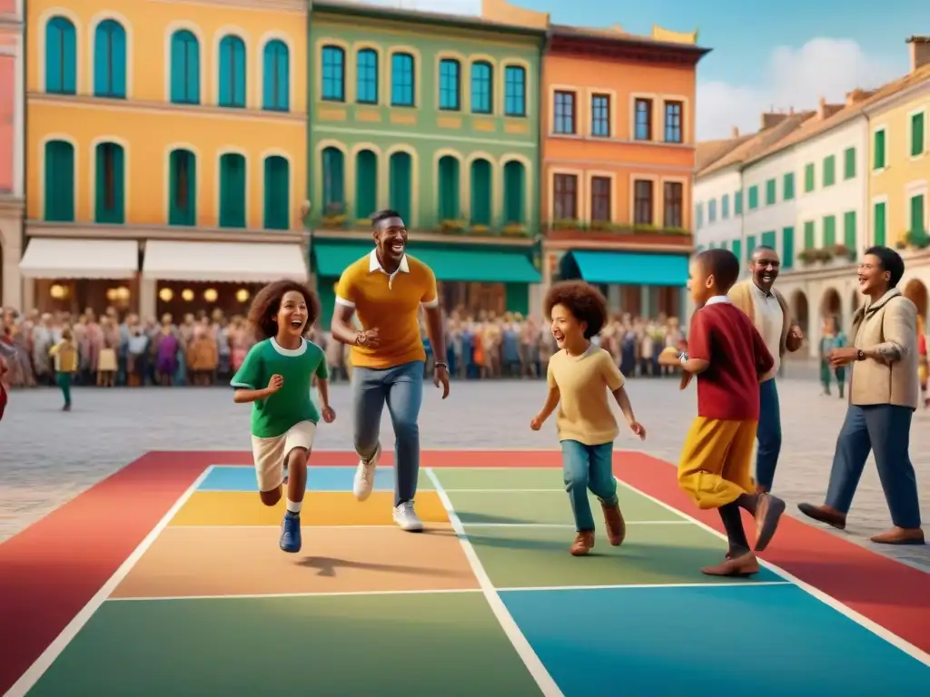 Niños disfrutando de juegos tradicionales en la sociedad: hopscotch, canicas y la cuerda, en una plaza vibrante y colorida