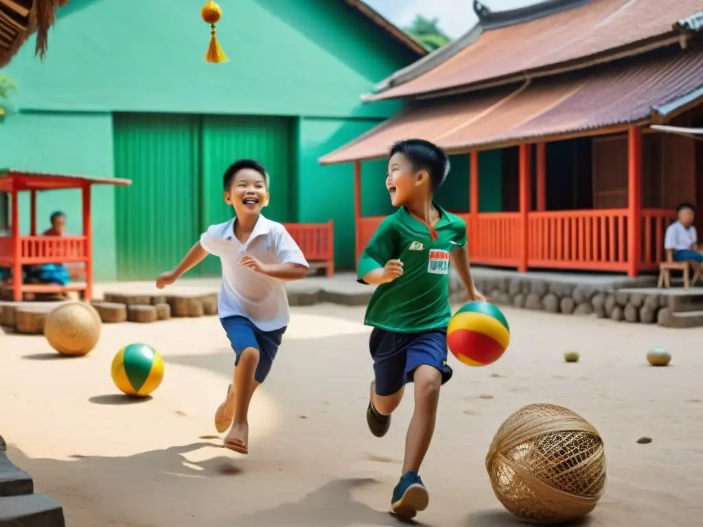 Niños jugando juegos tradicionales del Sudeste Asiático en animada plaza de pueblo