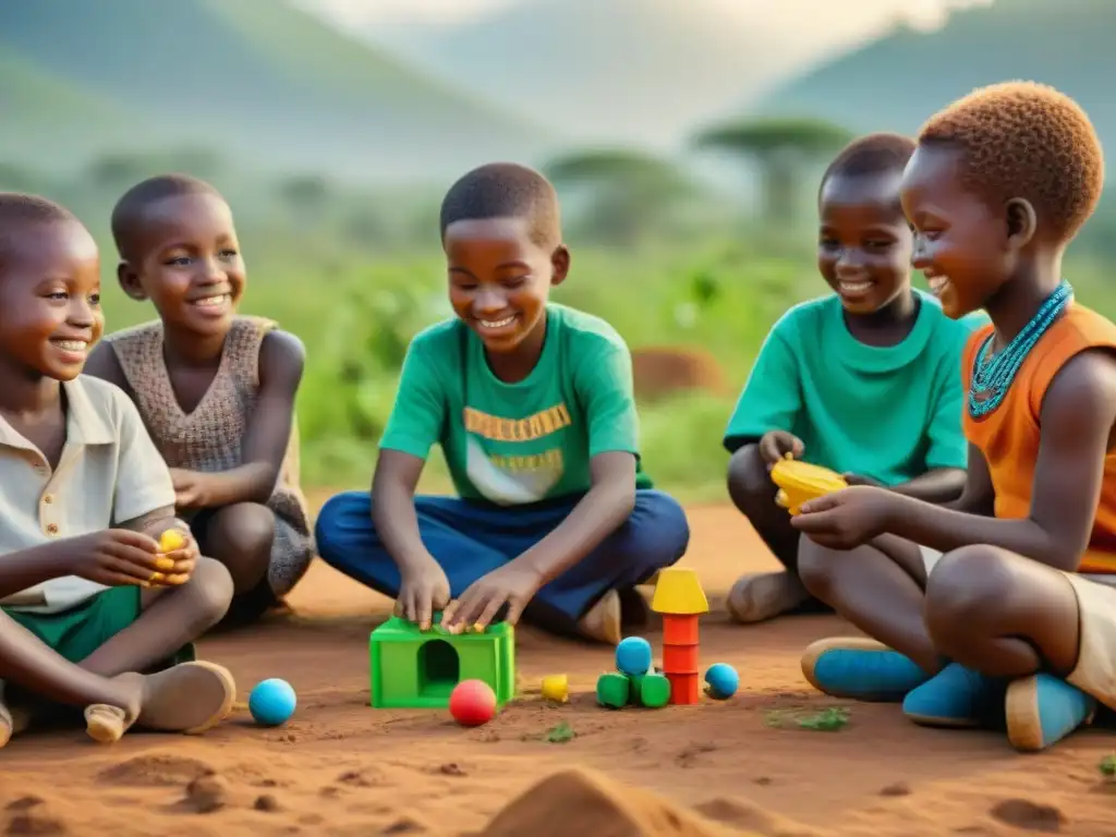 Niños en África juegan con juguetes reciclados, rodeados de naturaleza