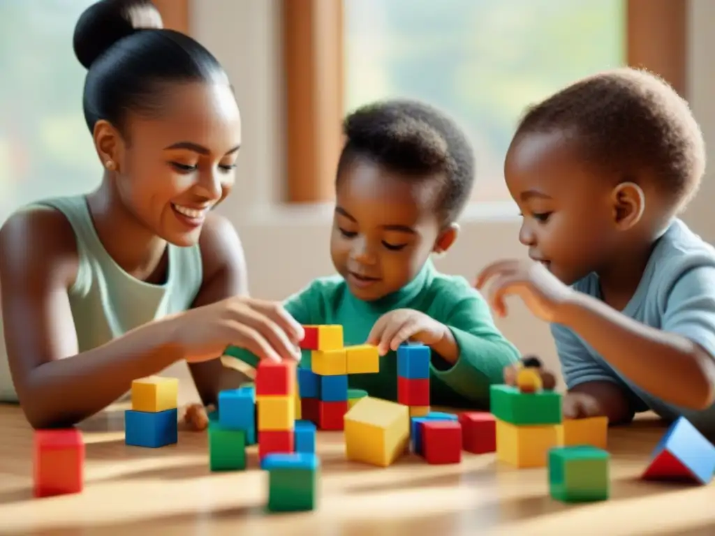 Niños diversos construyen juntos con bloques, transmitiendo alegría y concentración en juegos duraderos para evitar desperdicio