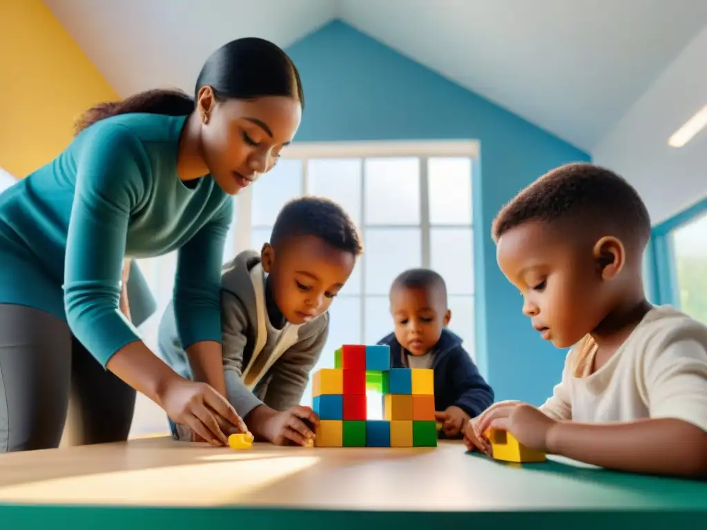 Diversos niños construyen juntos con bloques coloridos, experimentando beneficios educativos de los juegos de construcción