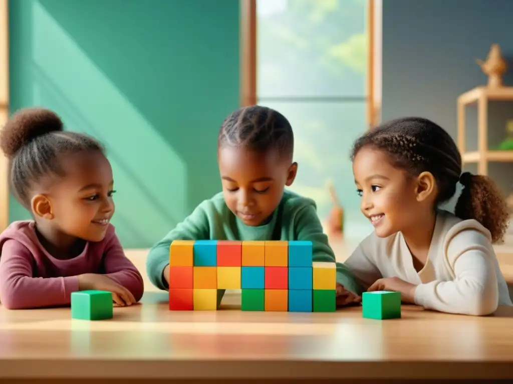 Niños crean juntos estructuras únicas con bloques de colores