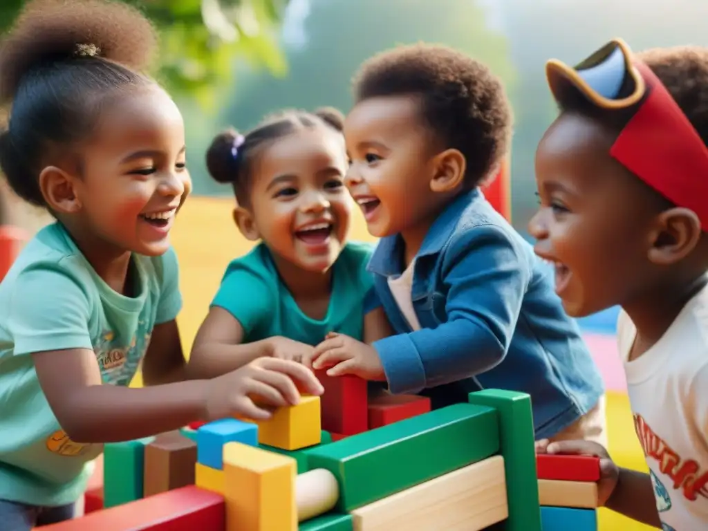 Niños diversos juegan y ríen juntos en un parque, destacando la importancia de los juegos cooperativos en el desarrollo de habilidades interpersonales