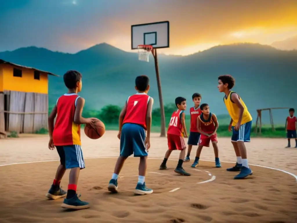 Niños latinos juegan basketball al atardecer en una cancha rural improvisada, reflejando el legado europeo en deportes latinoamericanos