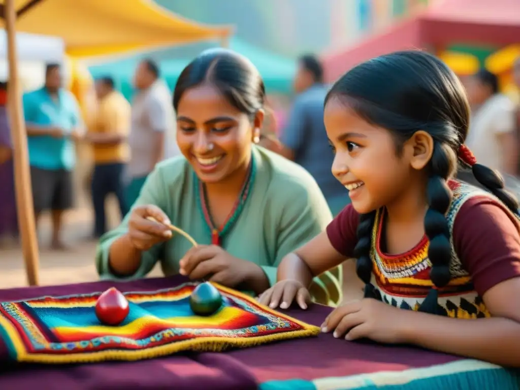 Niños latinos juegan juegos tradicionales en mercado vibrante