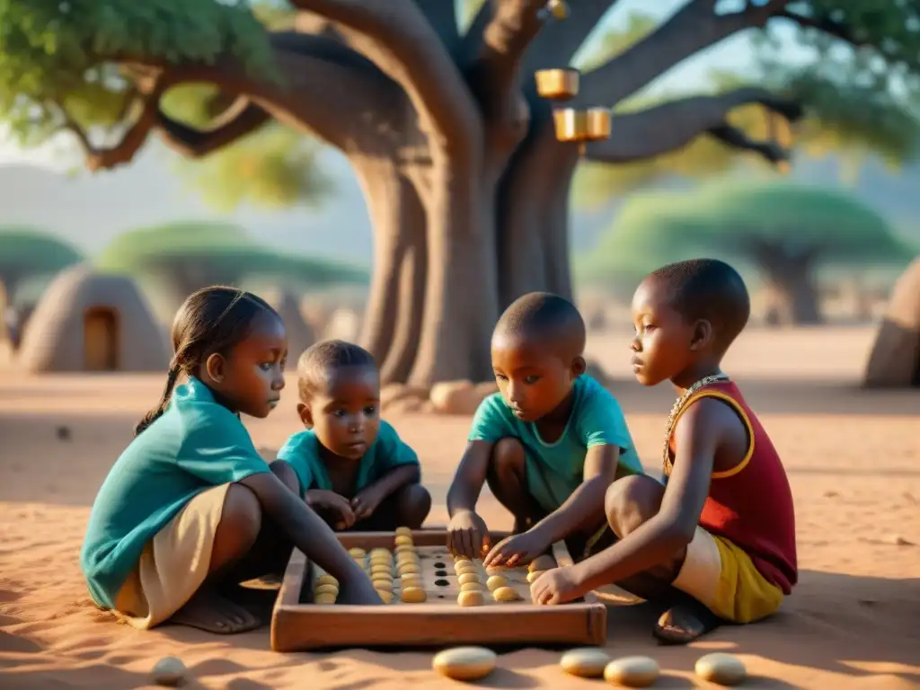 Niños jugando Mancala bajo un baobab en África