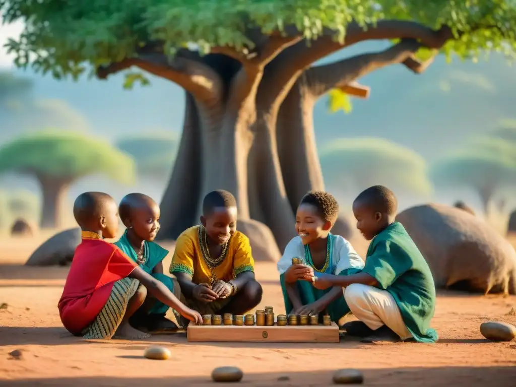 Niños juegan Mancala bajo baobab: Proyectos rescate herencia lúdica África
