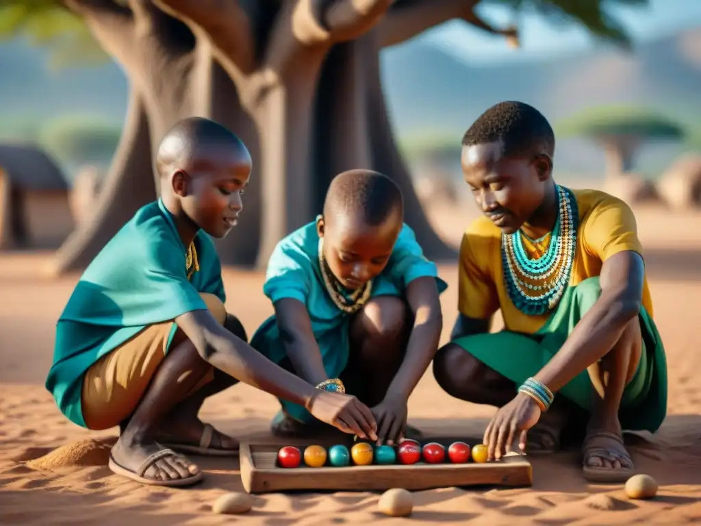 Niños juegan Mancala bajo baobab: colores vibrantes y expresiones alegres reflejan la preservación juegos ancestrales comunidades africanas